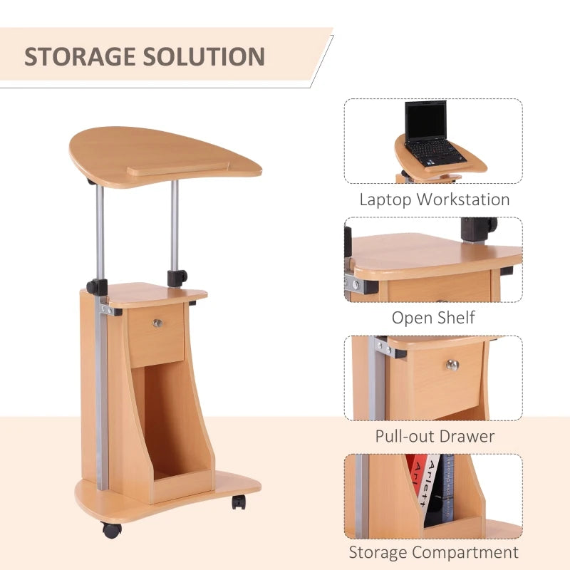 HOMCOM Mobile Laptop Cart,Sit-to-Stand Computer Desk with drawer, Height Adjustable Rolling Podium Desk Stand with Swivel Top & Storage, Beech Wood