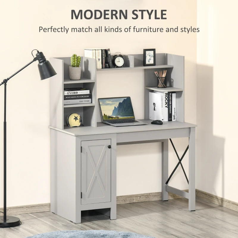 HOMCOM Farmhouse Computer Desk with Hutch and Cabinet, Home office Desk with Storage, Light Grey