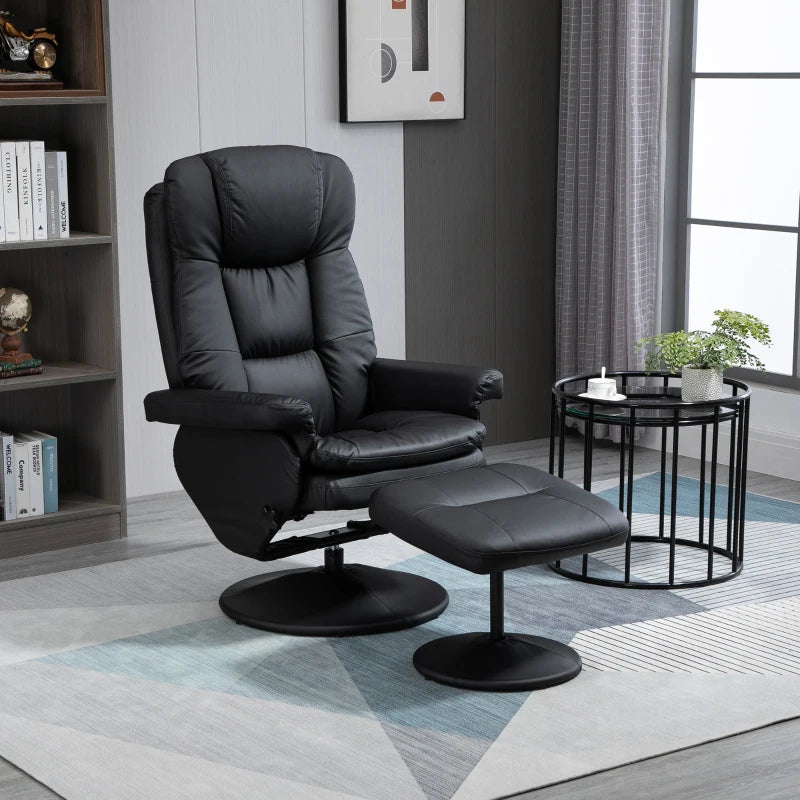 HOMCOM Recliner and Ottoman with Wrapped Base, Swivel PU Leather Reclining Chair with Footrest for Living Room, Bedroom and Home Office, Black