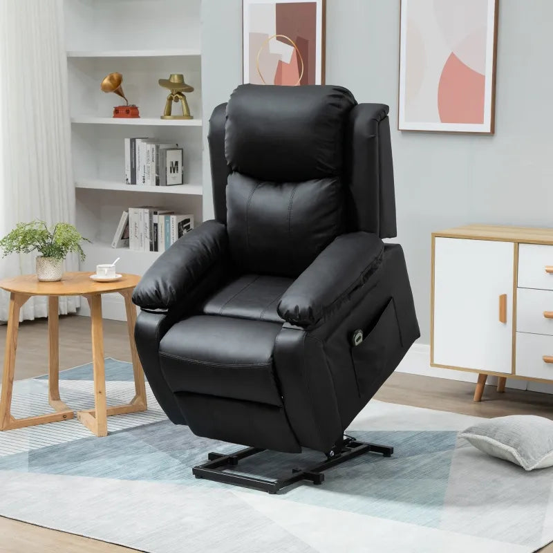 HOMCOM Living Room Power Lift Chair, PU Leather Electric Recliner Sofa Chair for Elderly with Remote Control, 3 Positions, Side Pockets, Extended Footrest, Black