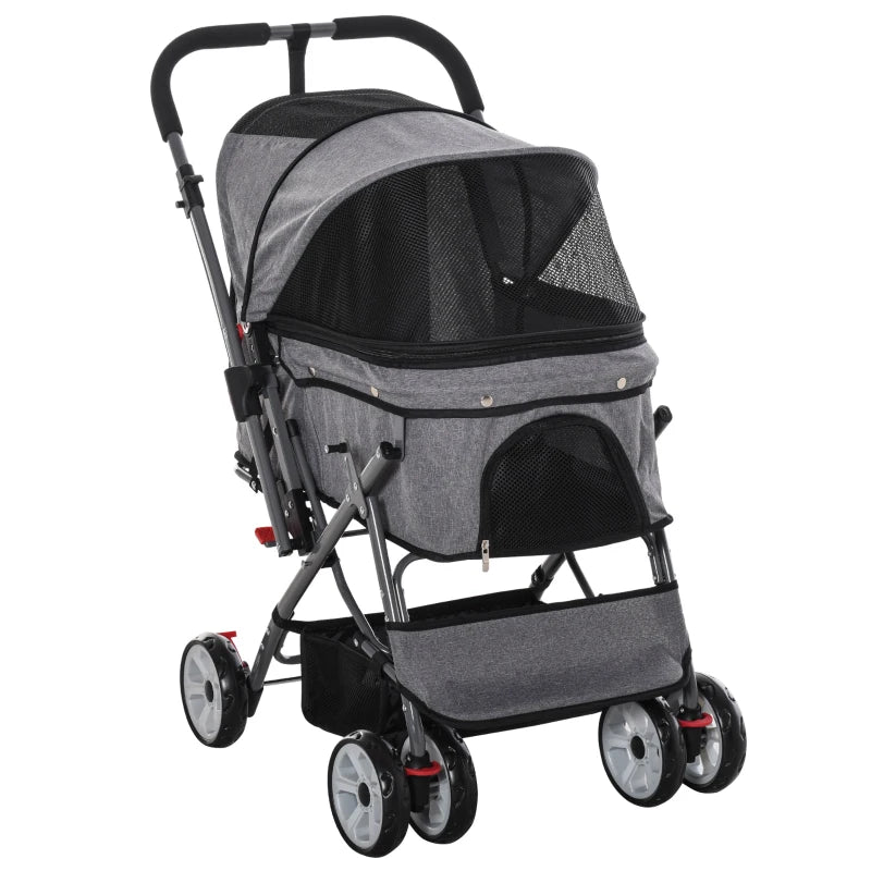 PawHut Travel Pet Stroller with Adjustable Handlebar, PVC Wheel Brake, Storage Bag, Mesh Window and Safety Leash, Grey
