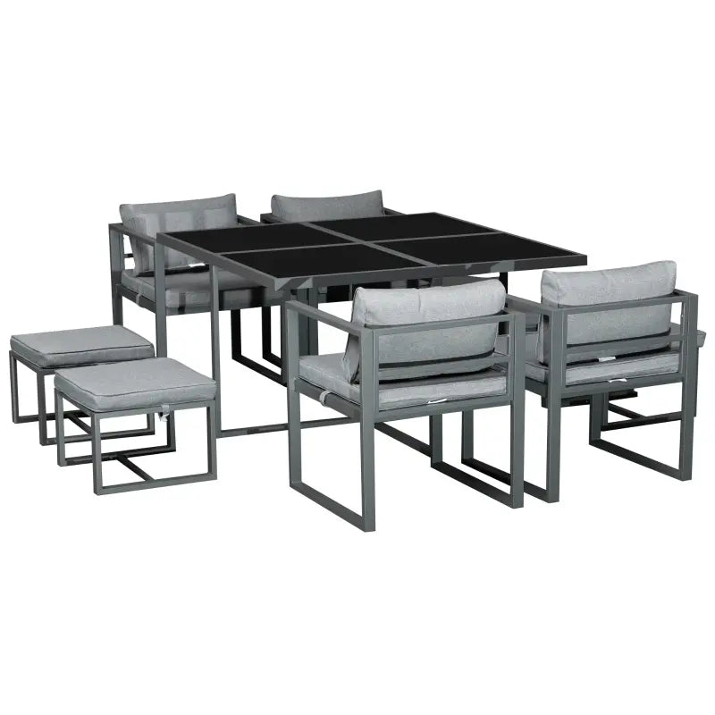 Outsunny 9 Piece Outdoor Patio Dining Set with 4 Chairs, 4 Ottomans, & Glass Table with Cushions & Aluminum Frame