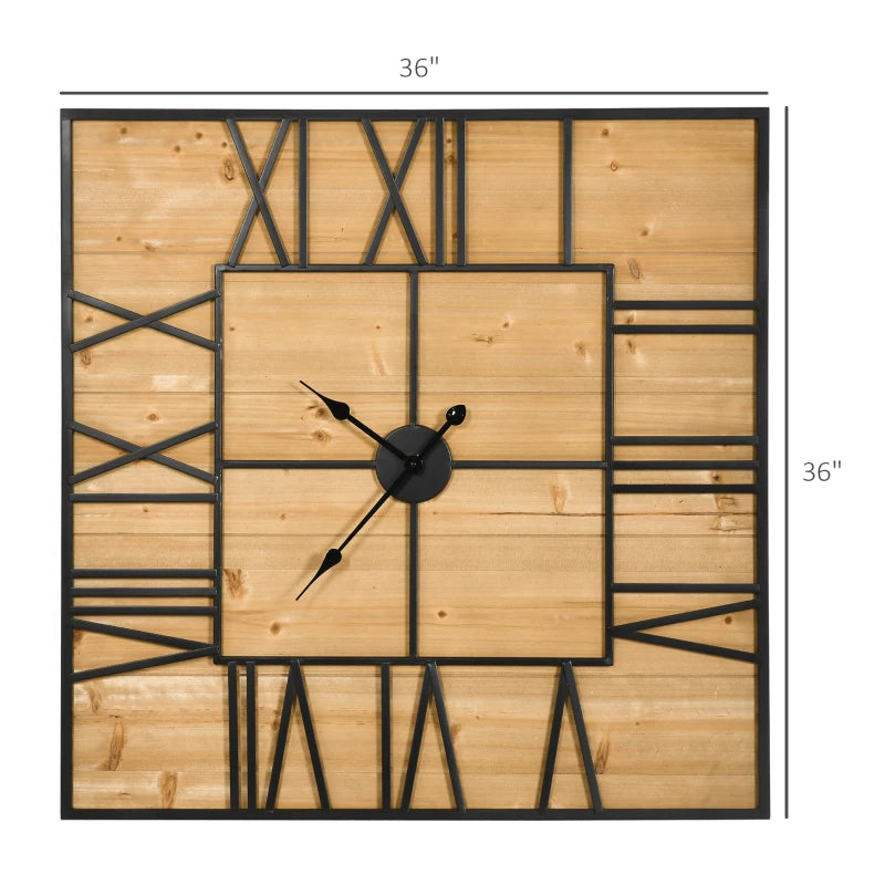 HOMCOM 36 Inch Large Wall Clock, Square Silent Non Ticking Metal Wood Farmhouse Roman Numeral Clocks for Living Room Decor, Battery Operated, Black and Natural Wood Color