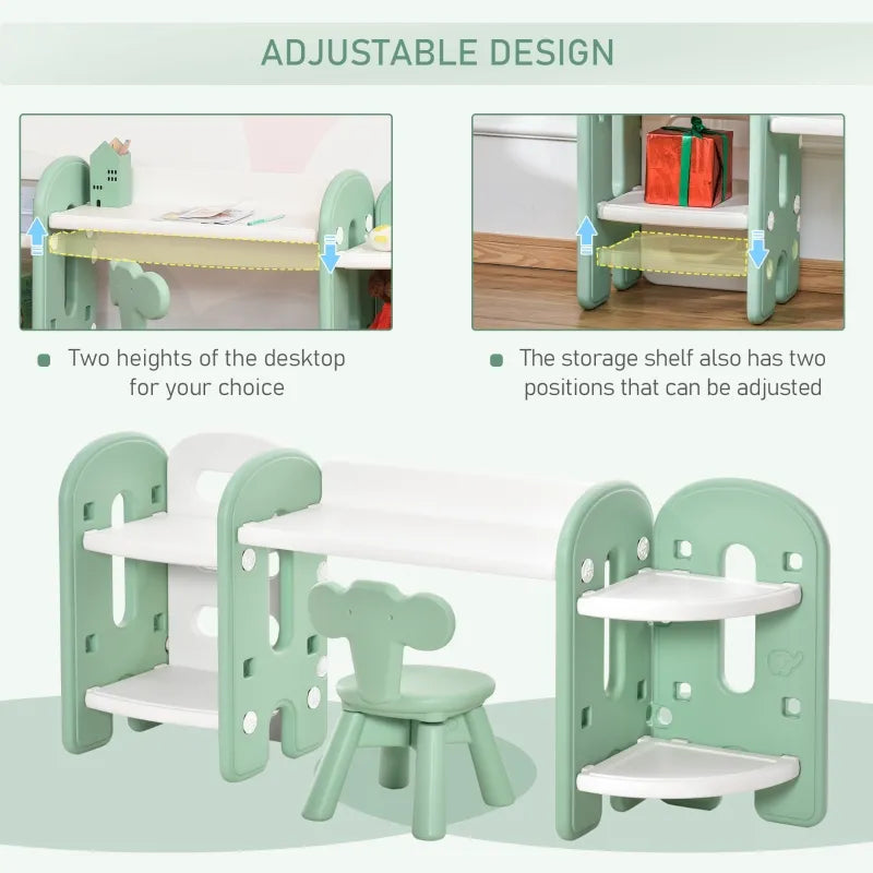 Qaba Kids Table and Chair Set, Activity Desk with Bookshelf & Storage for Study, Activities, Arts, or Crafts, Green and White