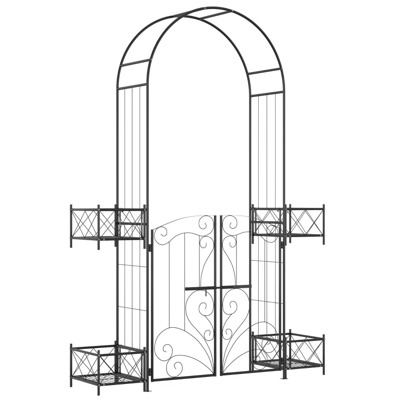Outsunny 6.7' Steel Garden Arch Arbor with Scrollwork Hearts, Planter Boxes for Climbing Vines, Ceremony, Weddings, Party, Backyard, Lawn, Dark Gray