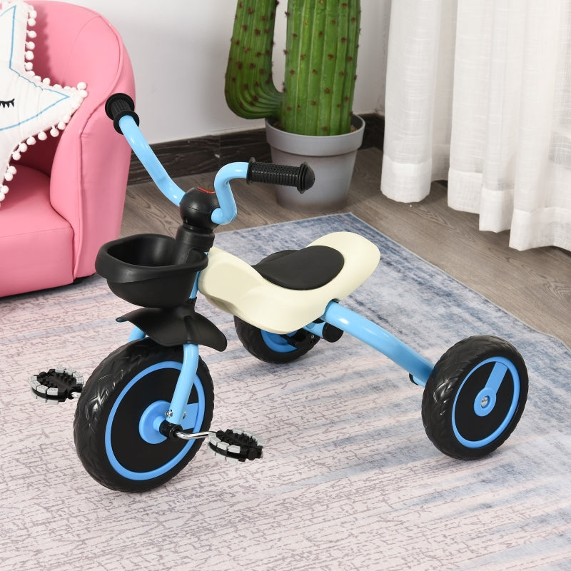 Qaba Foldable Kids Ride on Bike Tricycle with a Timeless Classic Color Design & a Front Basket for Storage - Blue