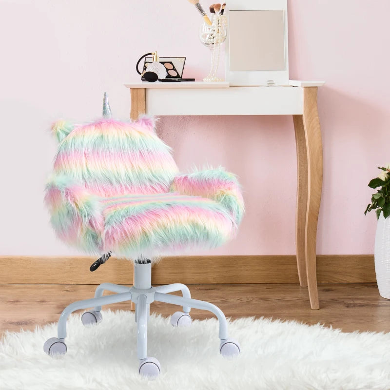 HOMCOM Fluffy Unicorn Office Chair with Mid-Back and Armrest Support, 5 Star Swivel Wheel White Base, Rainbow