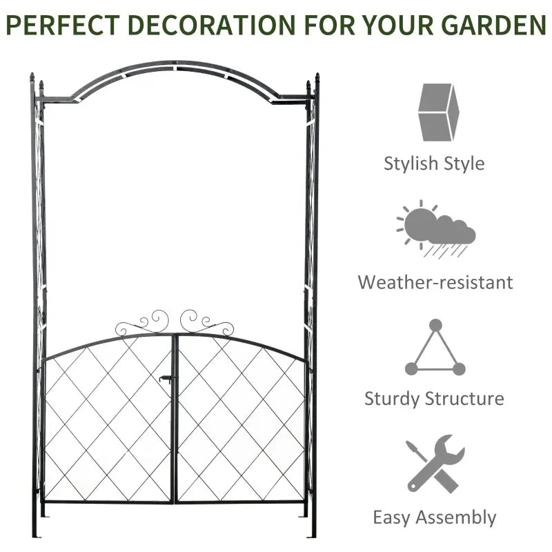 Outsunny 85'' Metal Garden Arbor with Gate, Outdoor Steel Arch with Scrollwork for Climbing Vines, Ground Mountable Columns