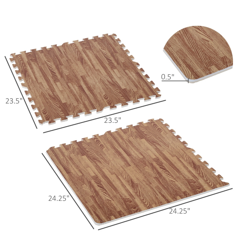 HomCom 96 Sq Ft Dark Wood Grain Look EVA Foam Exercise Floor Mats with Easy Connect Design & Soft Feel/Material
