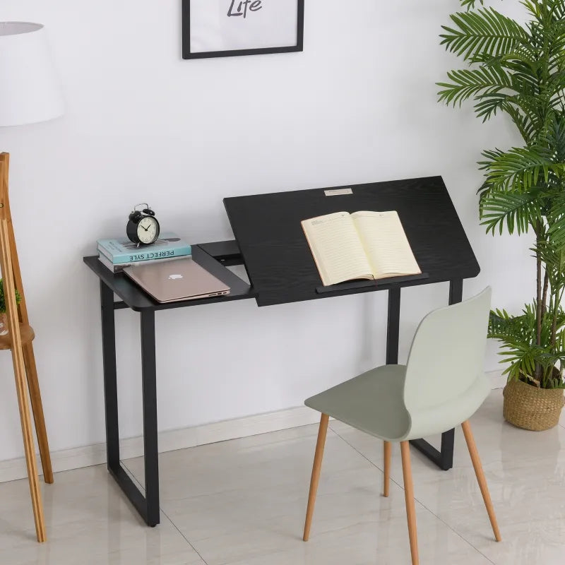 HOMCOM Computer Table with Small Adjustable Angle Tabletop Home Office Desk  Wood Grain