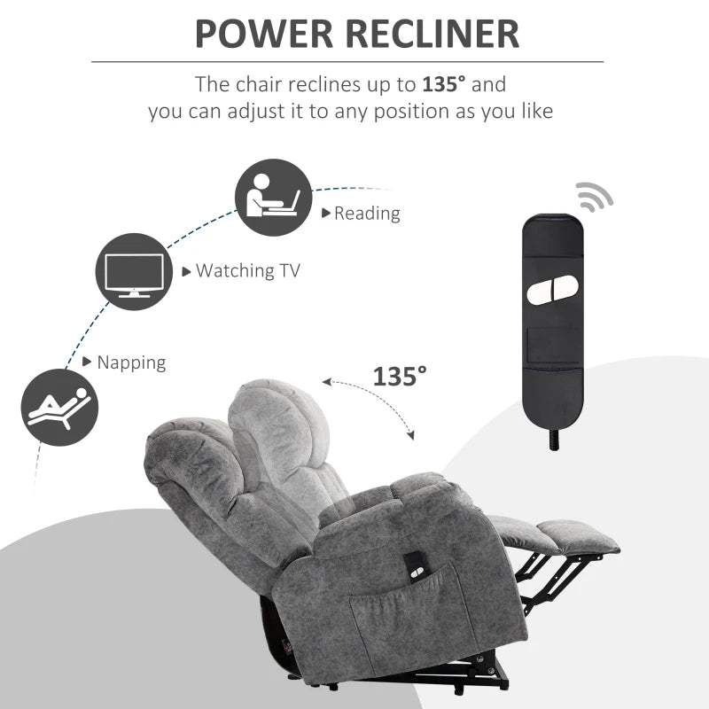 HOMCOM Power Lift Chair, Electric Recliner for Elderly, Compact Living Room Chair with Side Pocket & Remote Control, Grey