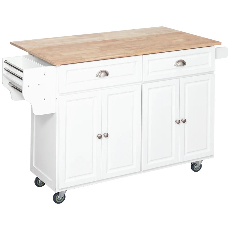 HOMCOM Rolling Kitchen Island on Wheels Utility Cart with Drop-Leaf and Rubber Wood Countertop, Storage Drawers, Door Cabinets, White