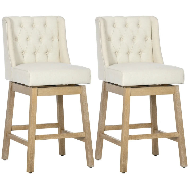 HOMCOM Bar Height Bar Stools Set of 2, 180 Degree Swivel Kitchen Island Stool, 30" Seat Height with Solid Wood Footrests and Button Tufted Design, Beige-1