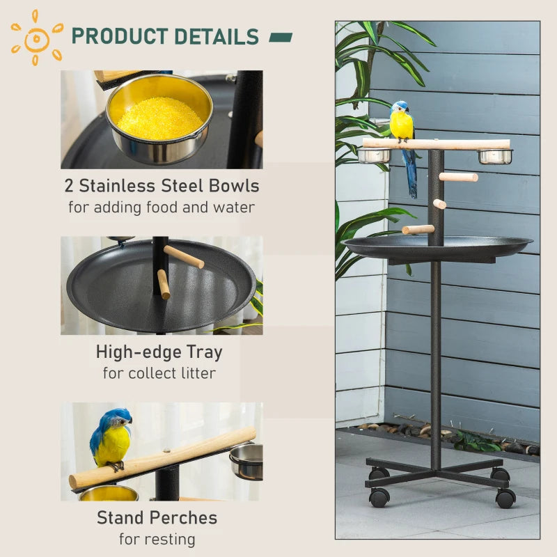 PawHut Bird PlayStand with Wooden Perch Ladder Feeding Cups for Macaw Parrot Conure Black