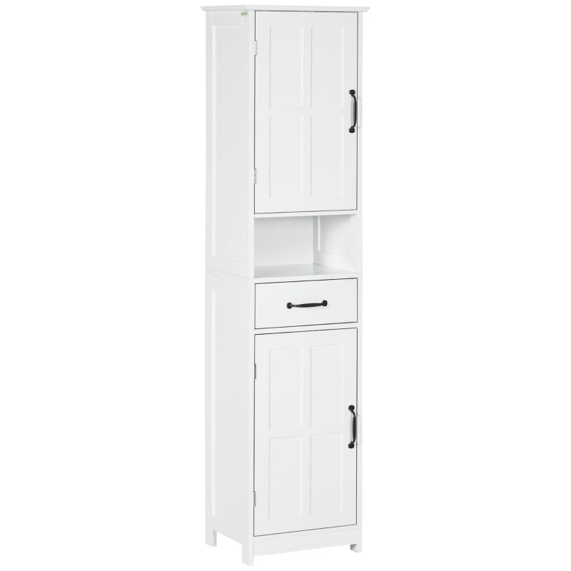 kleankin Modern Bathroom Cabinet, Narrow Storage Cabinet with 3 Open Shelves, Drawer, Recessed Door and Adjustable Shelf, White