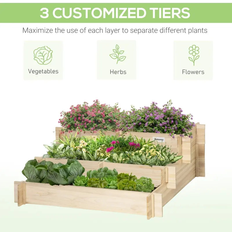 Outsunny 3-Tier Raised Garden Bed with 5 Compartments and Bed Liner, Elevated Wooded Wooden Planter Kit, for Vegetables, Herbs, Outdoor Plants, 37 x 37 x 14in, Natural