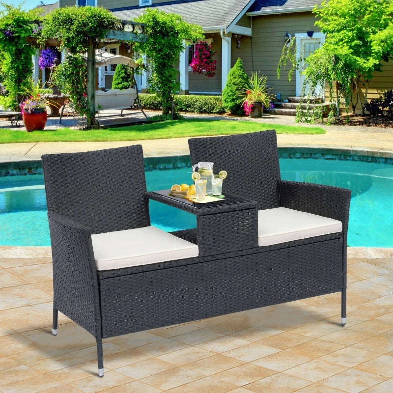 Outsunny Outdoor Patio Loveseat Conversation Furniture Set, Cushions & Built-in Coffee Table, Small 2-in-1 2 Person Seating for Front Porch, Balcony, Blue