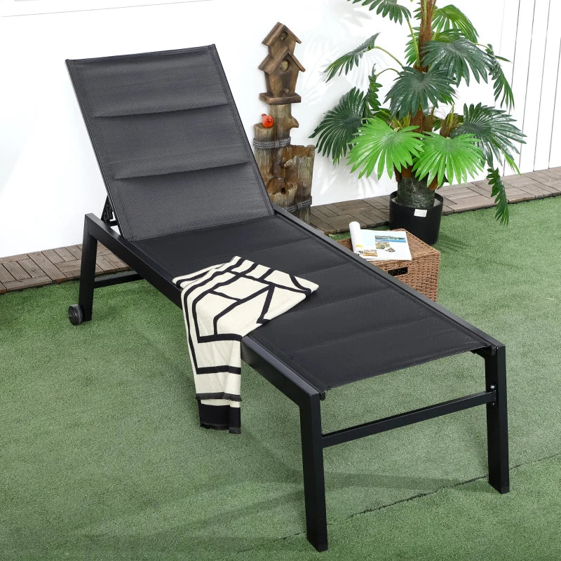 Outsunny Outdoor Chaise Lounge with Wheels, Five Position Recliner for Sunbathing, Suntanning, Steel Frame, Breathable Fabric for Beach, Yard, Patio, Black