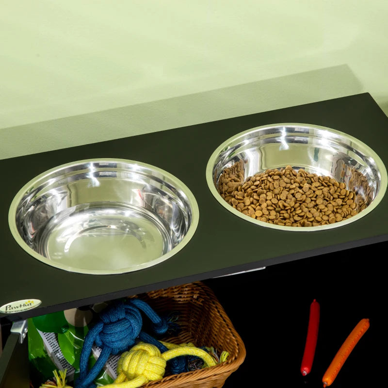 PawHut Elevated Dog Bowls for Large Dogs, Raised Pet Feeding Station with 2 Stainless Steel Bowls, Storage Drawer, Wood Stand for Cats, Brown