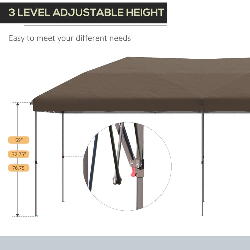 Outsunny 10' x 19' Pop Up Canopy with Easy Up Steel Frame, 3-Level Adjustable Height and Carrying Bag, Sun Shade Event Party Tent for Patio, Backyard, Garden, Brown