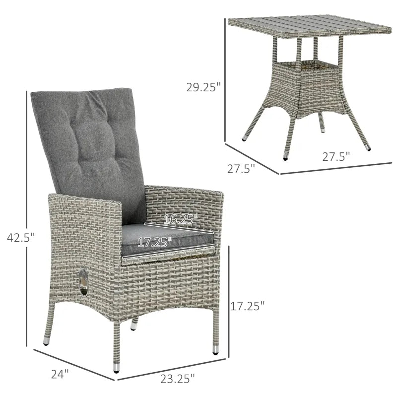 Outsunny 3 Piece Patio Bistro Set with Cushions, PE Rattan Porch Furniture with 2 Reclining Wicker Chairs and Faux Wood Outdoor Coffee Table, Conversation Set with Recliners, Gray