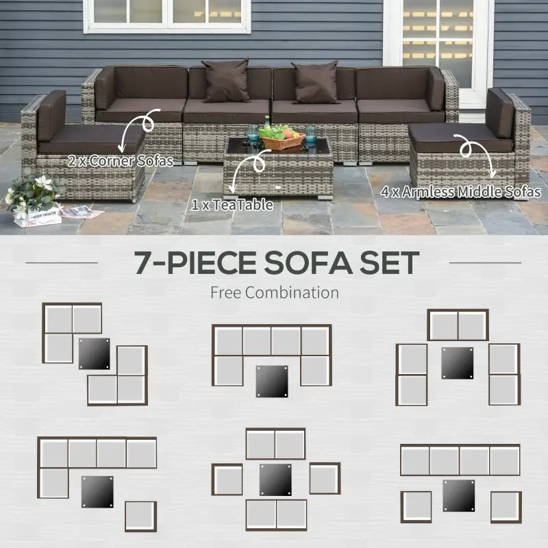 Outsunny 7 Piece Outdoor Patio Furniture Set, PE Rattan Wicker Sectional Sofa Set with Couch Cushions, Throw Pillows and Coffee Table, Orange, Cream