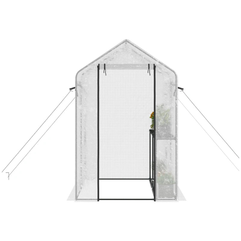 Outsunny Outdoor Walk-in Mini Greenhouse with Mesh Door & Windows, Small Portable Garden Hot House with 3 Tiers 6 Shelves, Trellis, & Plant Labels