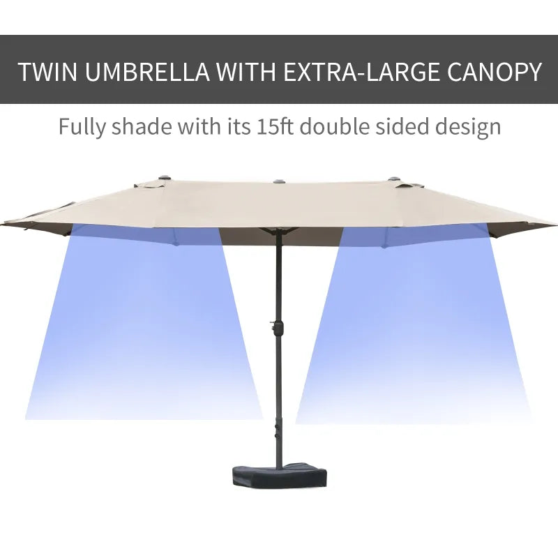 Outsunny Patio Umbrella 15' Steel Rectangular Outdoor Double Sided Market with base, UV Sun Protection & Easy Crank for Deck Pool Patio Dark Gray
