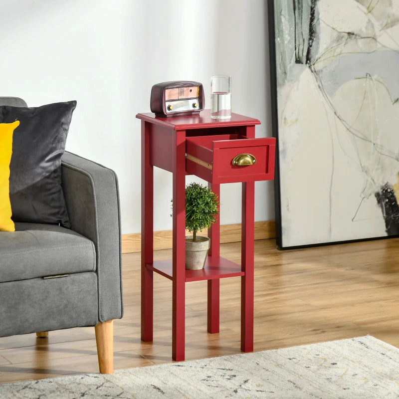 HOMCOM 2-Tier Side Table with Drawer, Narrow End Table with Bottom Shelf, for Living Room or Bedroom, Red