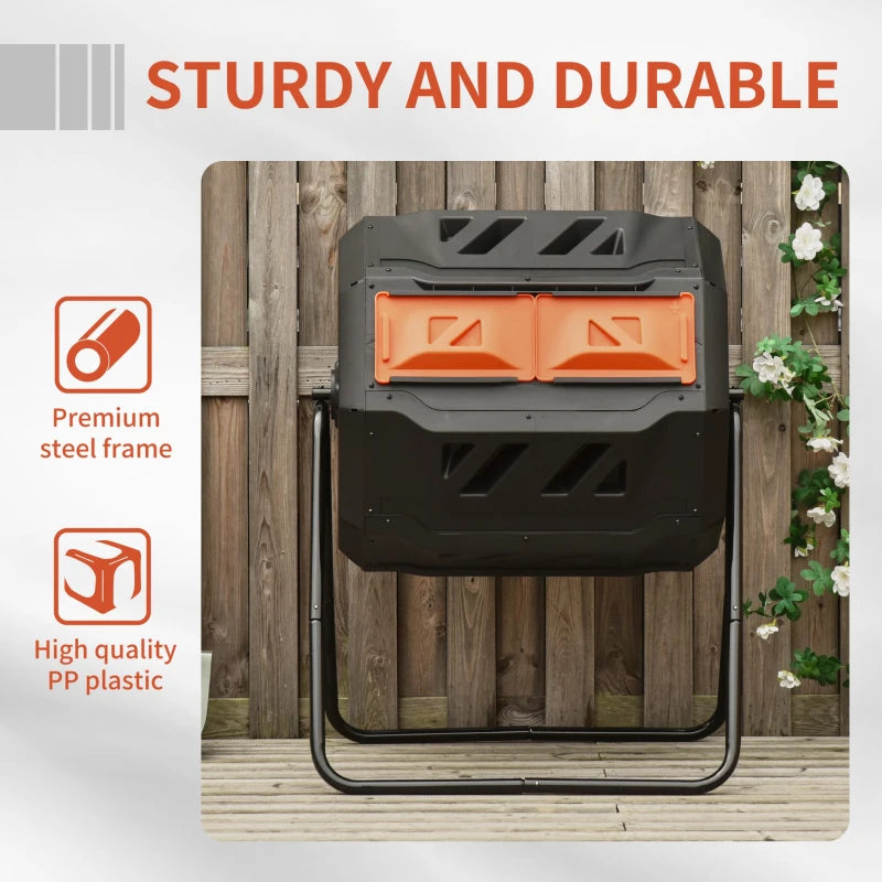 Outsunny Tumbling Compost Bin Outdoor 360° Dual Chamber Rotating Composter 43 Gallon, Orange