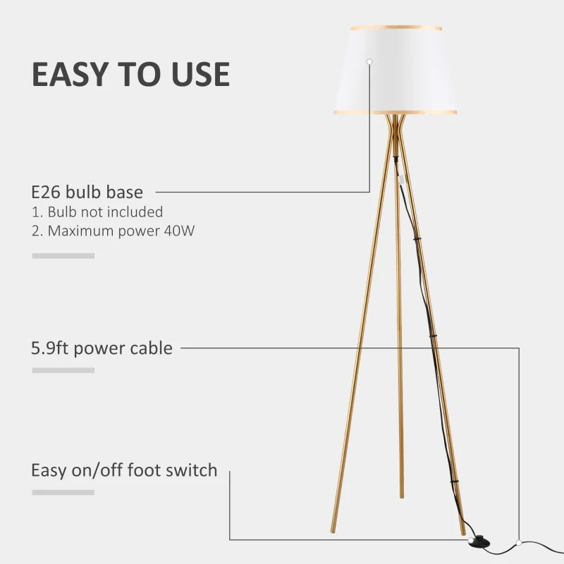 HOMCOM Modern Tripod Floor Lamp Free Standing Land Lamp w/ Steel Frame, Footswitch, Fabric Lampshade and E26 Base for Living Room, Bedroom, Office, Black