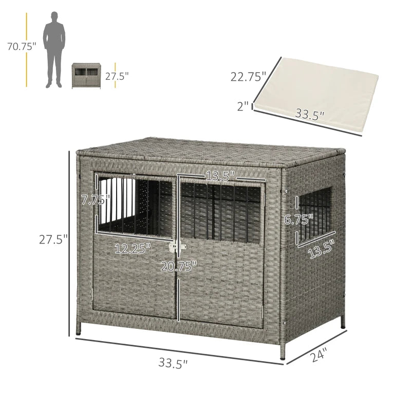 PawHut Rattan Dog Crate with Double Doors, Wicker Dog Cage with Soft Washable Cushion, Dog Kennel Furniture Outdoor Indoor for Medium to Large Sized Dogs, Gray