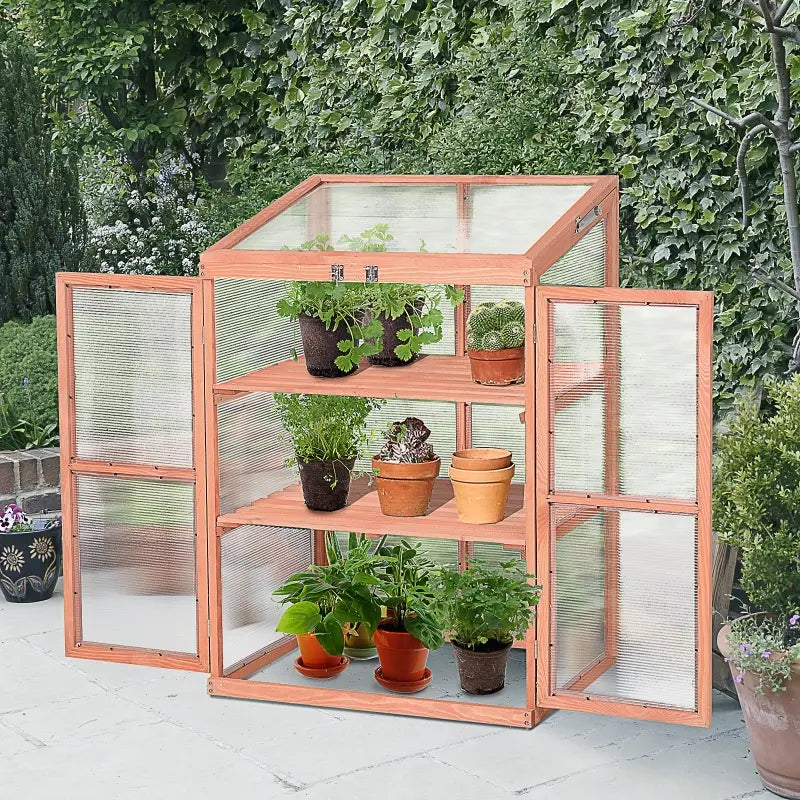 Outsunny 36" x 20" x 41" Greenhouse Raised Potted Plant Protection Box Outdoor with Openable Top, Wooden Cold Frame Orange