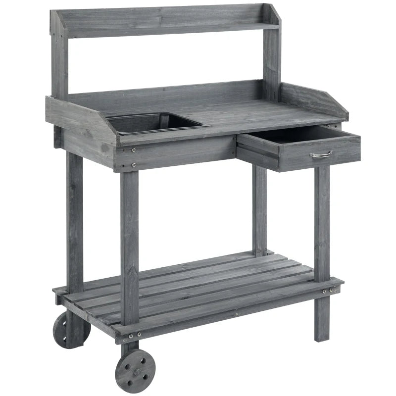 Outsunny 36'' Wooden Potting Bench Work Table with 2 Removable Wheels, Sink, Drawer & Large Storage Spaces, Gray