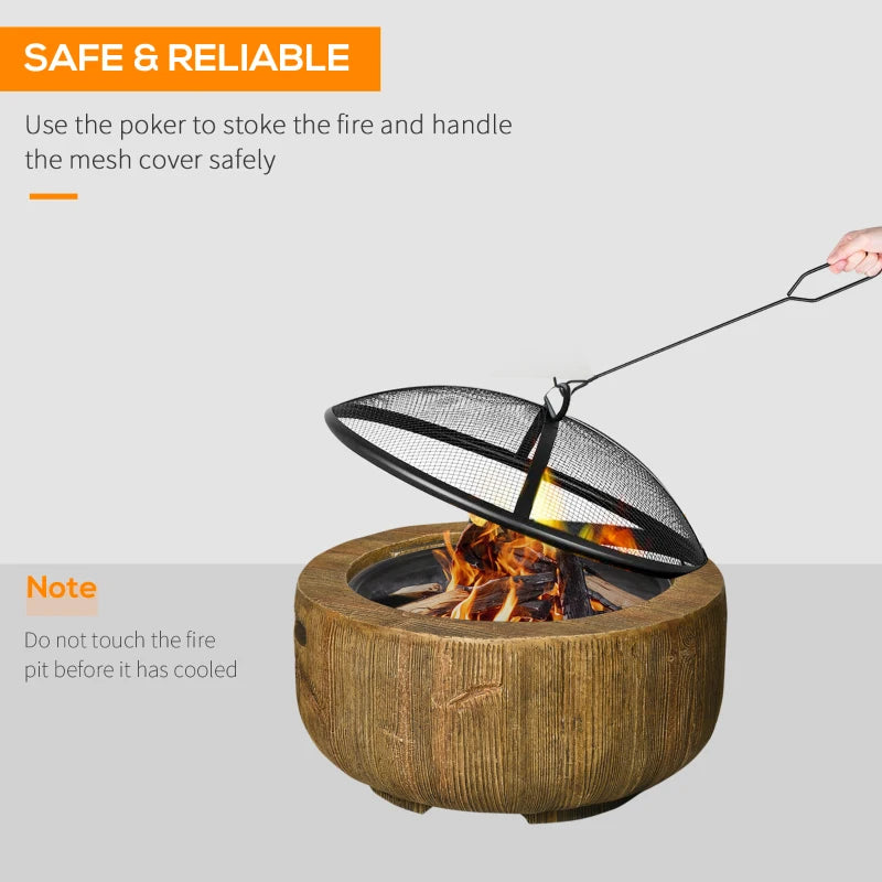 Outsunny Outdoor Fire Pit with Stump Effect, 18-inch Wood-burning Brazier Fireplace with Spark Screen and Poker for Backyard Camping Bonfire, Dark Brown