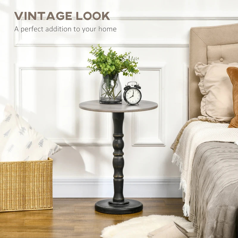 HOMCOM Pedestal Side Table with Round Tabletop, Rustic End Table with Solid Wood Leg for Living Room, Bedroom, Light Grey and Black