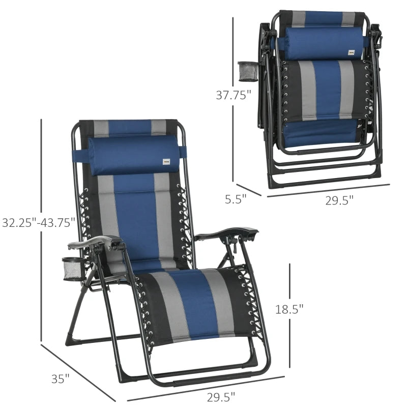Outsunny XL Oversize Zero Gravity Recliner, Padded Patio Lounger Chair, Folding Chair with Adjustable Backrest, Cup Holder, and Headrest for Backyard, Poolside, Lawn, Striped, Blue