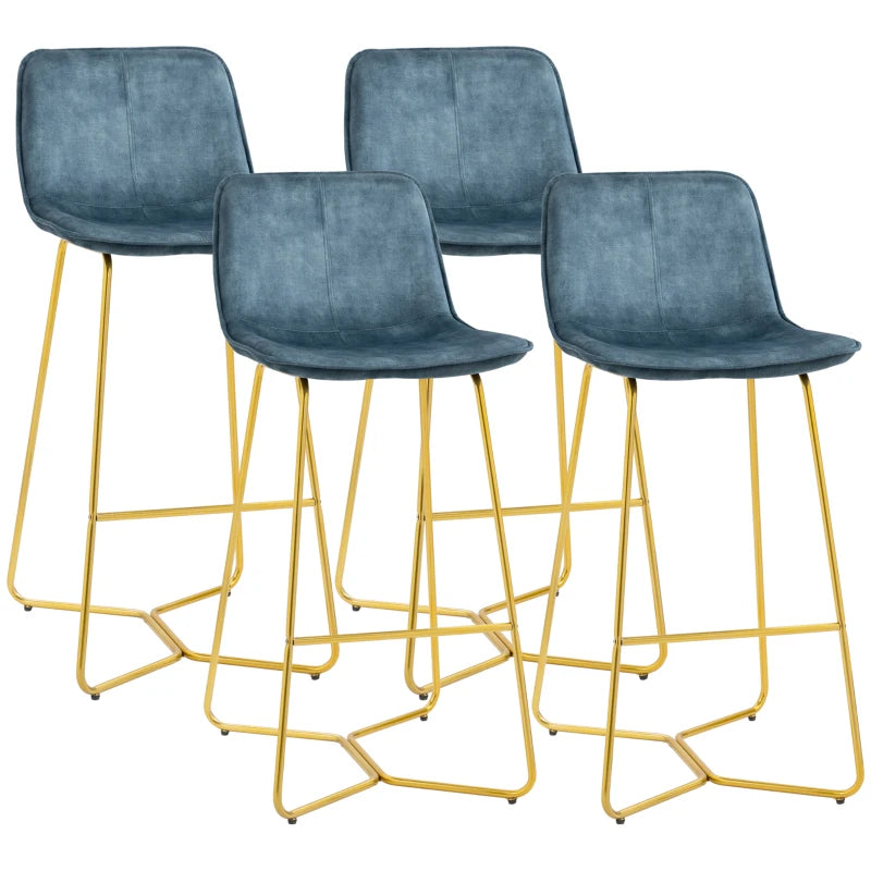 HOMCOM Bar Height Bar Stools, Velvet-Touch Fabric Bar Chairs, 30.25" Seat Height Stools with Gold-Tone Metal Legs for Dining Area, Home Bar, Set of 4, Blue