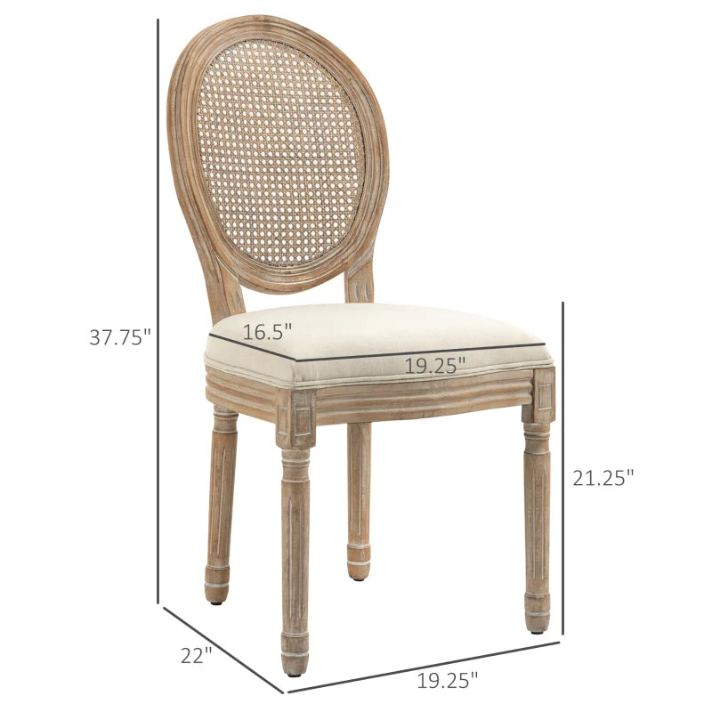 HOMCOM French-Style Upholstered Dining Chair Set, Armless Accent Side Chairs with Rattan Backrest and Linen-Touch Upholstery, Set of 4, Cream White