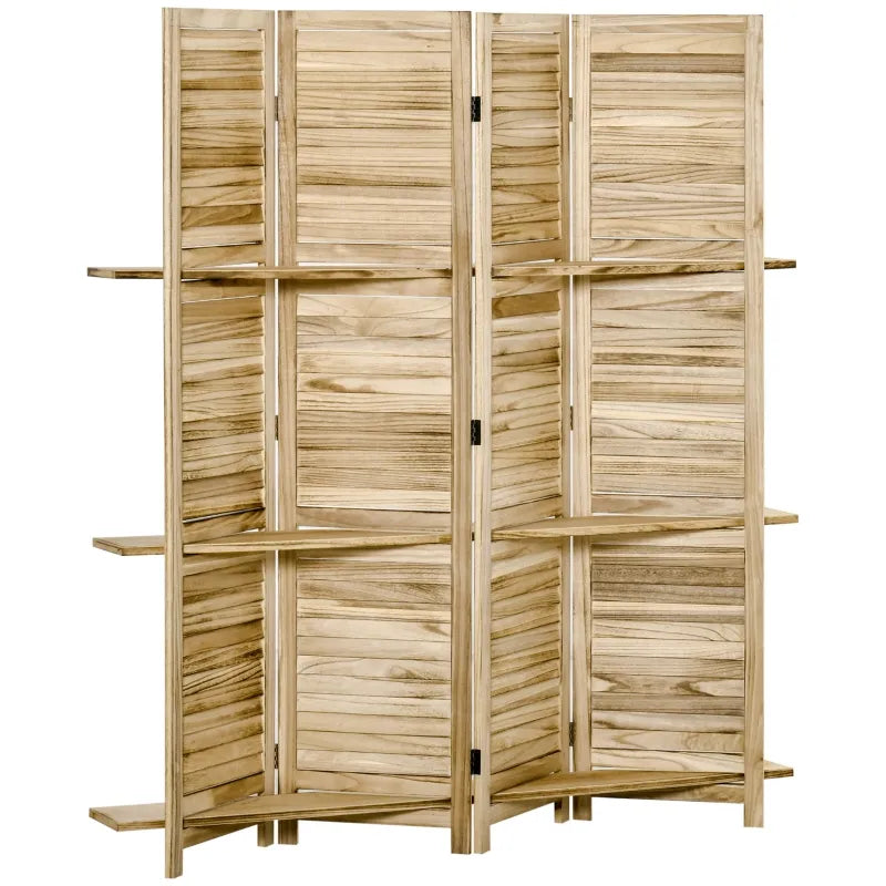 HOMCOM 4 Panel 67" Tall Wood Privacy Screen Room Divider with 3 Display Shelves, and Folding Storage for Bedroom or Home Office, White