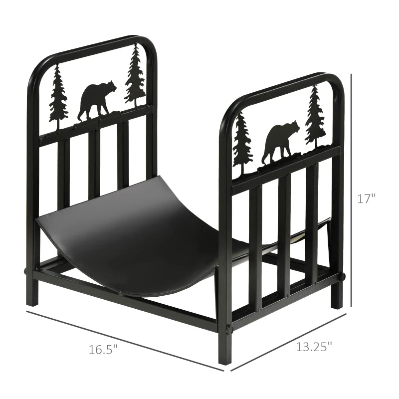 Outsunny 17" Curved Firewood Rack Holder with Bear and Pine Tree Design, Log Storage Rack with Handles and 110 lbs. Weight Capacity, Black