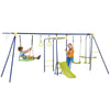 Outsunny Heavy-Duty Metal Swing Set for Backyard, with A-Frame Swing Stand, Saucer Swing, Glider, Slide, Gym Rings, Basketball Hoop, Ground Stakes, for Outdoor Indoor, Aged 3-12 Years Old