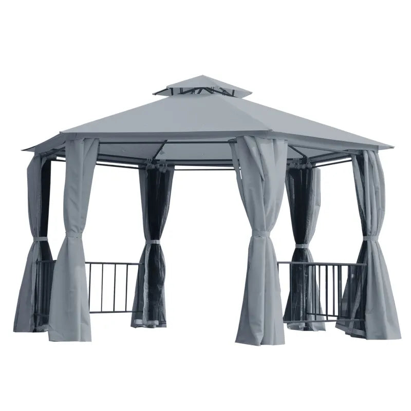 Outsunny 13' x 13' Patio Gazebo, Double Roof Hexagon Outdoor Gazebo Canopy Shelter w/ with Netting & Curtains, Solid Steel Frame for Garden, Lawn, Backyard and Deck, Coffee