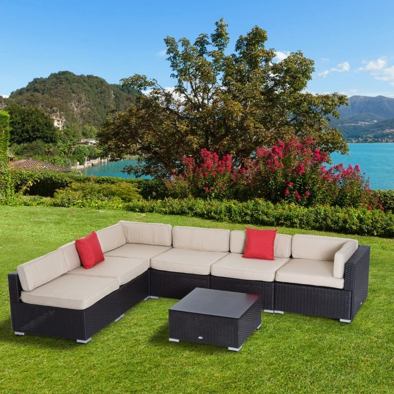 Outsunny 7 Piece Outdoor Patio Furniture Set, PE Rattan Wicker Sectional Sofa Set with Buckling Couch Cushions, Throw Pillows & Coffee Table, Dark Brown, Beige, Orange