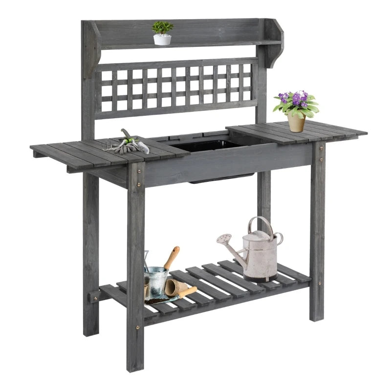 Outsunny Outdoor Potting Bench with Sliding Tabletop, Storage Shelf and Dry Sink, 2-Level Gardening Table, Wooden Workstation for Greenhouse, Garden, Patio, Gray