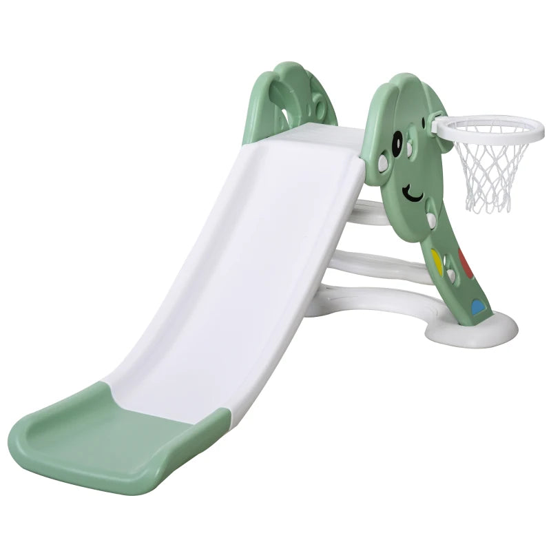Qaba Indoor/Outdoor Kids Toy Slide with a Safety Triangle Design, Texturized Steps, & Side Basketball Hoop - Green