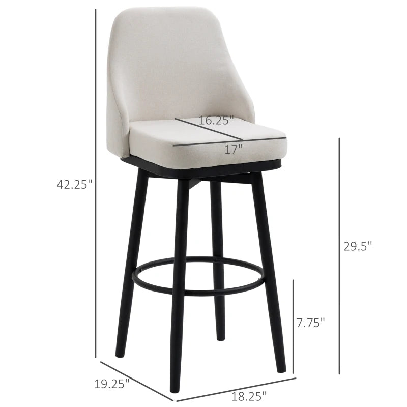 HOMCOM Bar Height Bar Stools Set of 2, Modern 360° Swivel Barstools 29.5 Inch Seat Height, Dining Room Chairs with Steel Legs and Footrest, Cream White