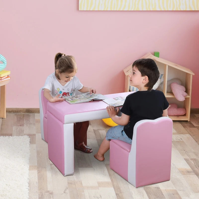 Qaba Kids 2-in-1 Multi-Functional Play Table & 2 Chair Set with Couch Storage Box for 3-6 Year Olds - Pink