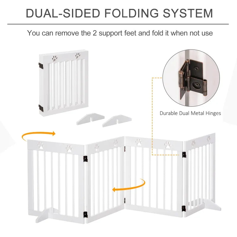 PawHut Freestanding Pet Gate 4 Panel Folding Wooden Dog Barrier w/ Support Feet, White