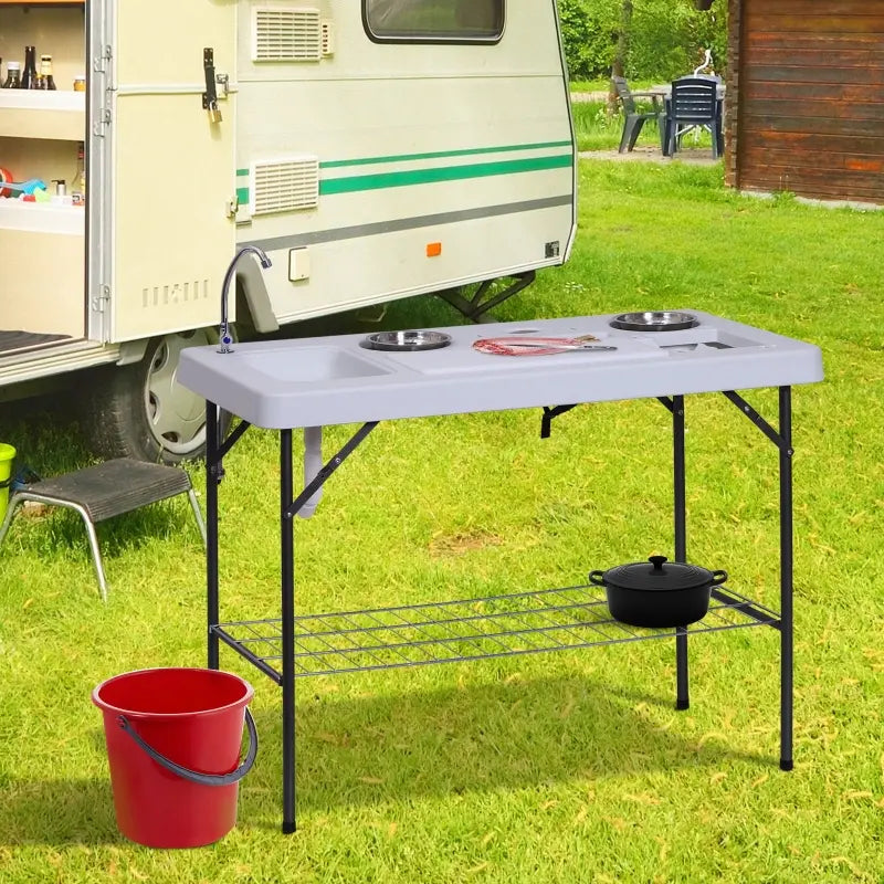 Outsunny 40" Portable Camping Table with Faucet Folding Easy-Clean Camping Table with Dual Water Basins